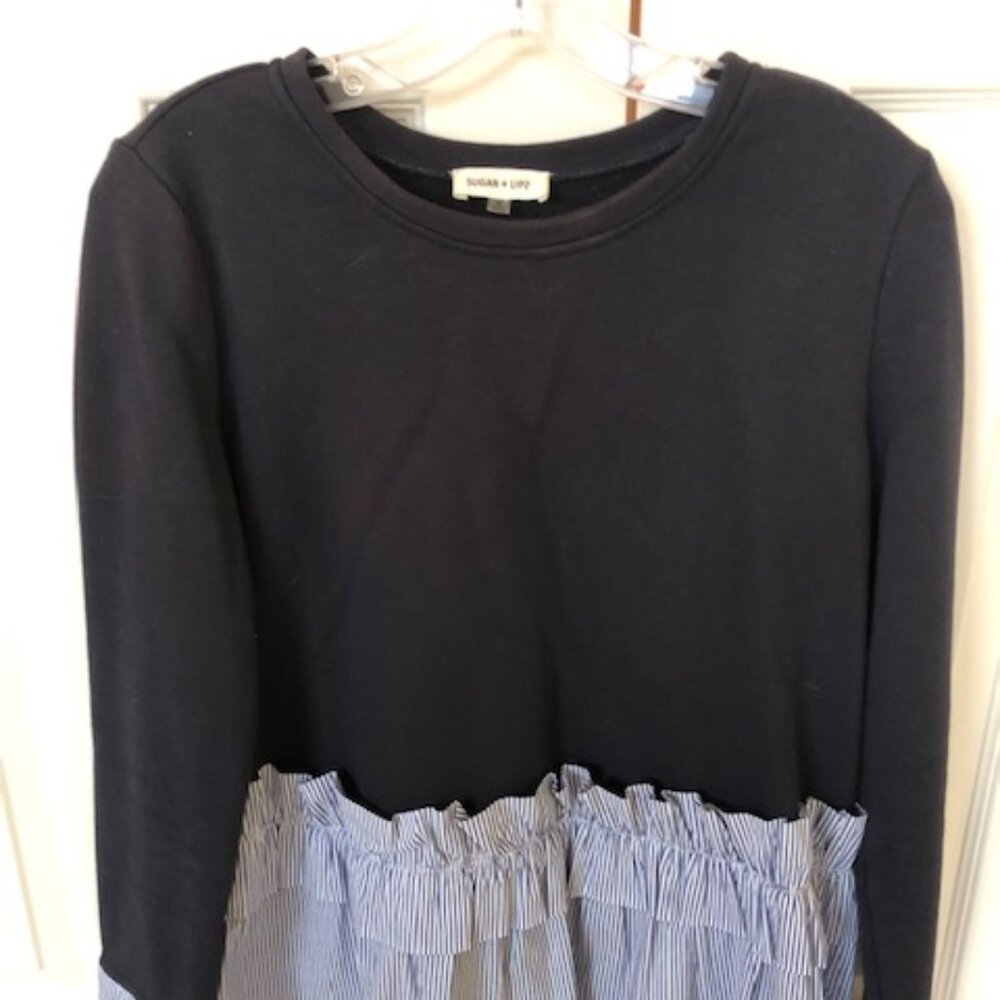 Women's Sugar + Lips Navy Sweatshirt with Blue strip ruffle. Size Medium